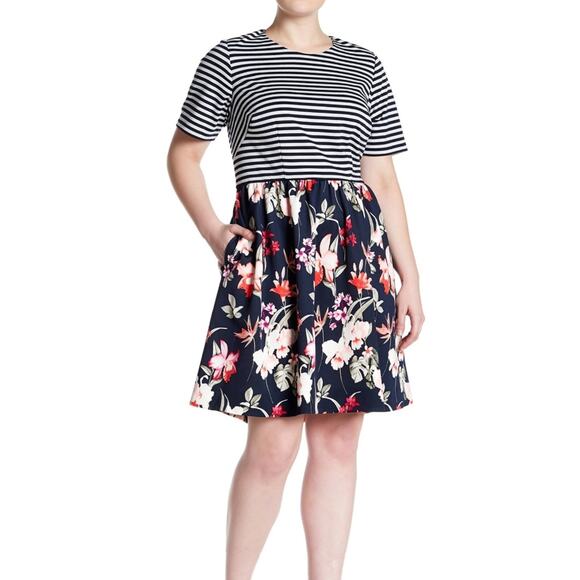 Eliza J | Floral Striped Fit and Flare Dress - Picture 1 of 9